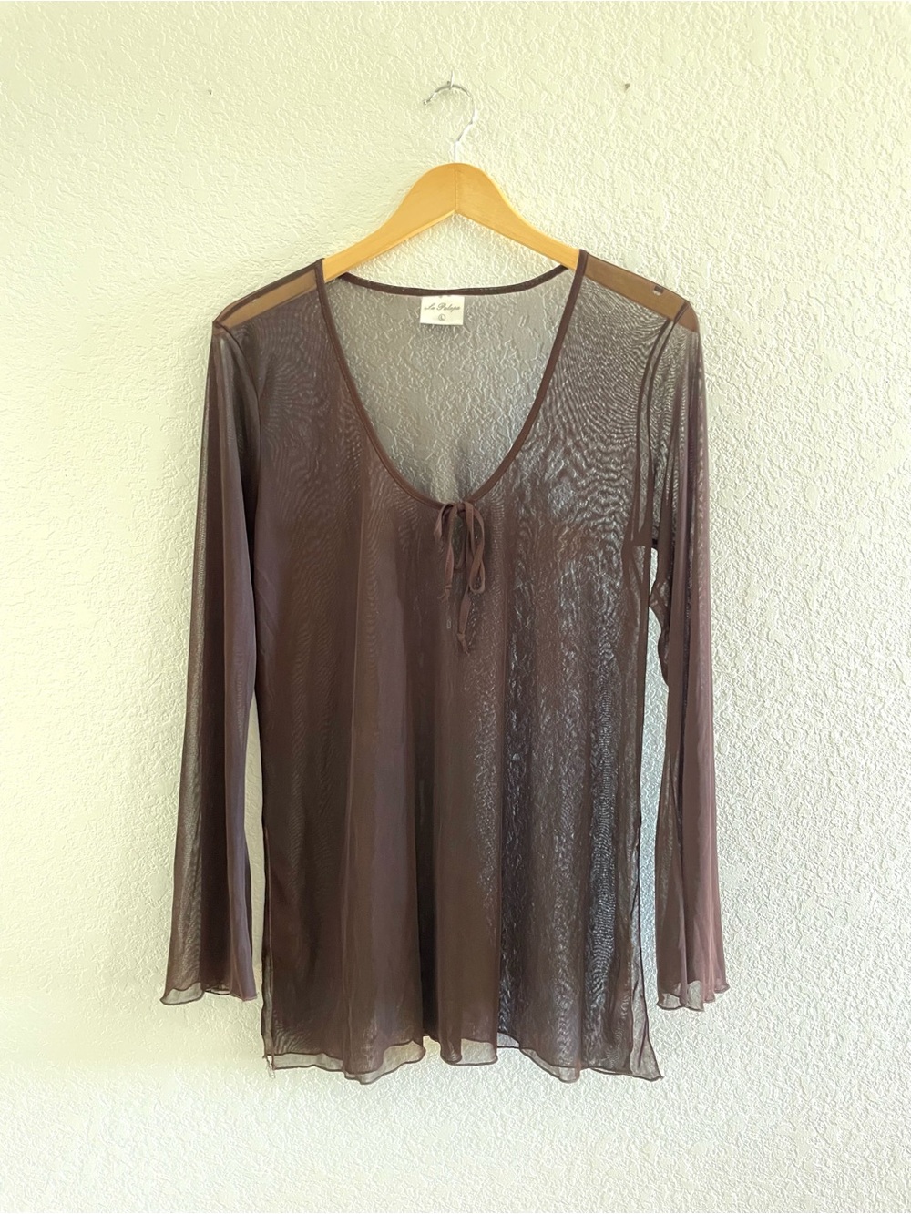 Vintage 90s Y2K Chocolate Brown Sheer Mesh Tie-Neck Long-Sleeve Top Sz L